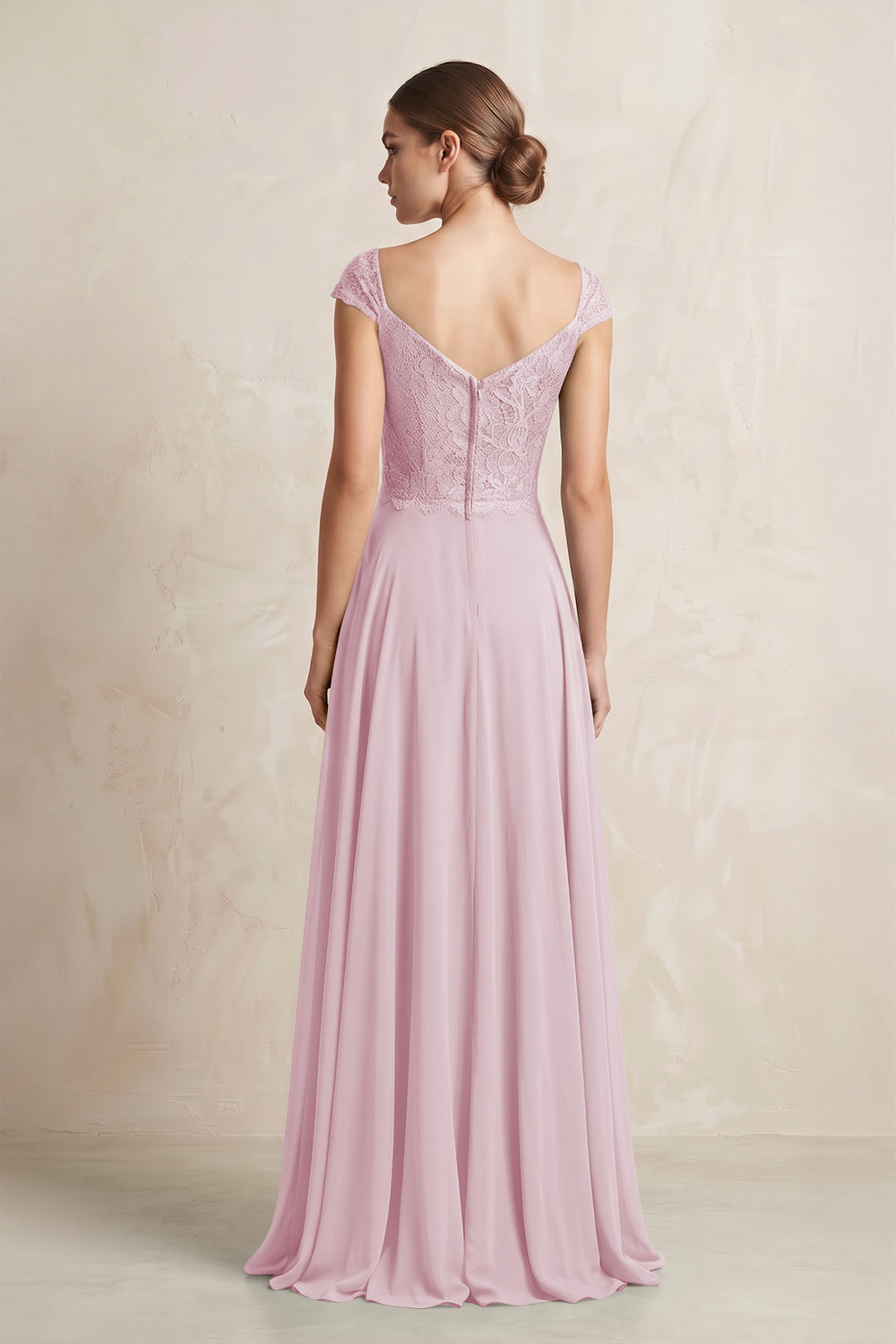 A-Line Chiffon V-Neck Pleated Bridesmaid Dress with Cap Sleeves in Candy Pink