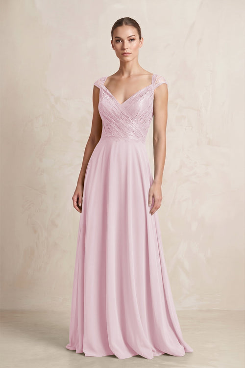 A - Line Chiffon V - Neck Pleated Bridesmaid Dress with Cap Sleeves in Candy Pink - KISS BRIDAL Bridesmaid Dresses