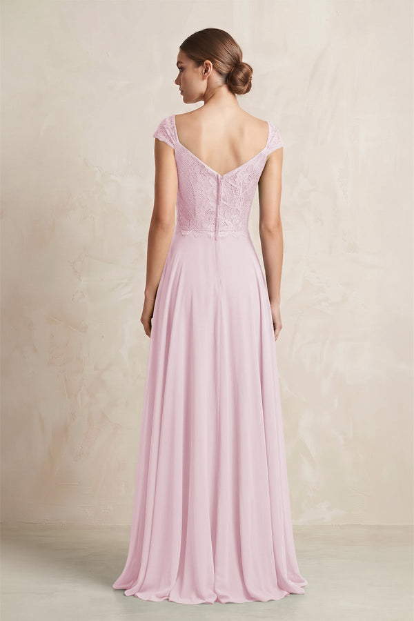 A - Line Chiffon V - Neck Pleated Bridesmaid Dress with Cap Sleeves in Candy Pink - KISS BRIDAL Bridesmaid Dresses