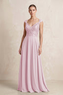 A-Line Chiffon V-Neck Pleated Bridesmaid Dress with Cap Sleeves in Candy Pink | KISSBRIDAL