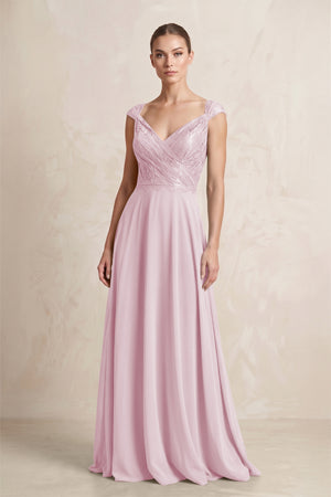 A-Line Chiffon V-Neck Pleated Bridesmaid Dress with Cap Sleeves in Candy Pink | KISSBRIDAL