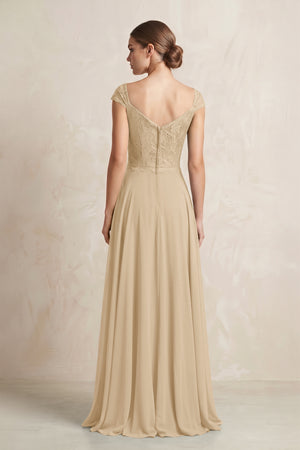 A-Line Chiffon V-Neck Pleated Bridesmaid Dress with Cap Sleeves in Champagne (2) | KISSBRIDAL