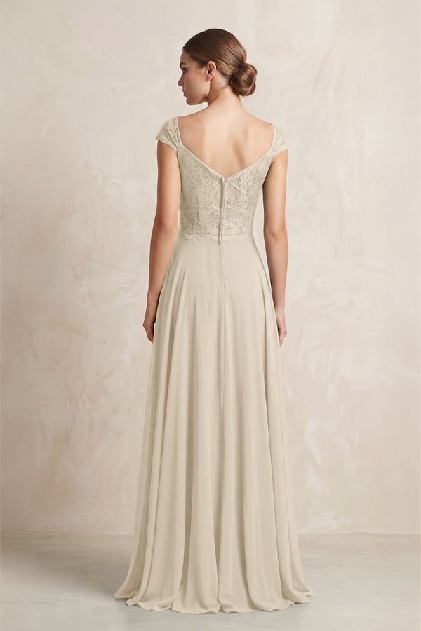 A - Line Chiffon V - Neck Pleated Bridesmaid Dress with Cap Sleeves in Champagne - KISS BRIDAL Bridesmaid Dresses