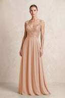 A - Line Chiffon V - Neck Pleated Bridesmaid Dress with Cap Sleeves in Champagne Rose - KISS BRIDAL Bridesmaid Dresses