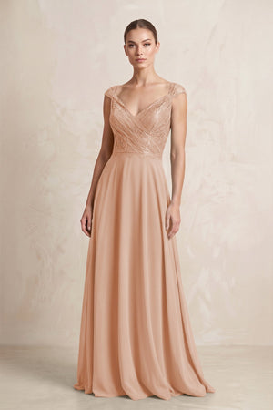 A - Line Chiffon V - Neck Pleated Bridesmaid Dress with Cap Sleeves in Champagne Rose - KISS BRIDAL Bridesmaid Dresses