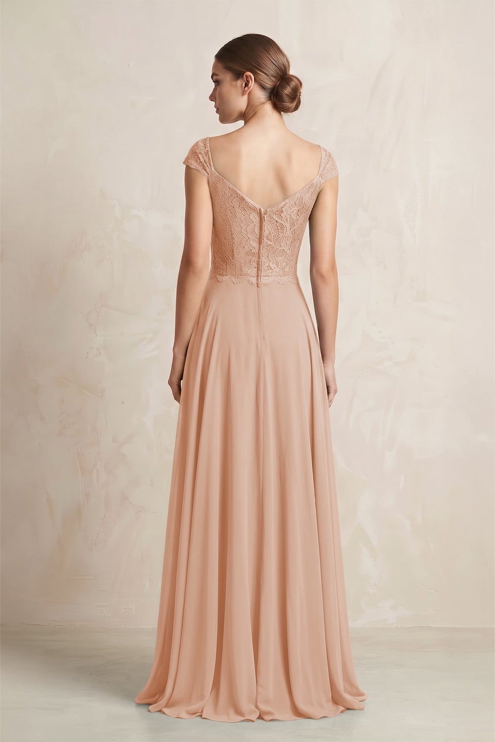 A - Line Chiffon V - Neck Pleated Bridesmaid Dress with Cap Sleeves in Champagne Rose - KISS BRIDAL Bridesmaid Dresses