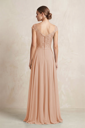 A - Line Chiffon V - Neck Pleated Bridesmaid Dress with Cap Sleeves in Champagne Rose - KISS BRIDAL Bridesmaid Dresses