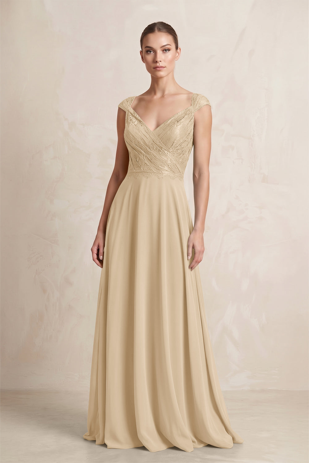 A-Line Chiffon V-Neck Pleated Bridesmaid Dress with Cap Sleeves in Champagne