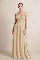 A-Line Chiffon V-Neck Pleated Bridesmaid Dress with Cap Sleeves in Champagne | KISSBRIDAL