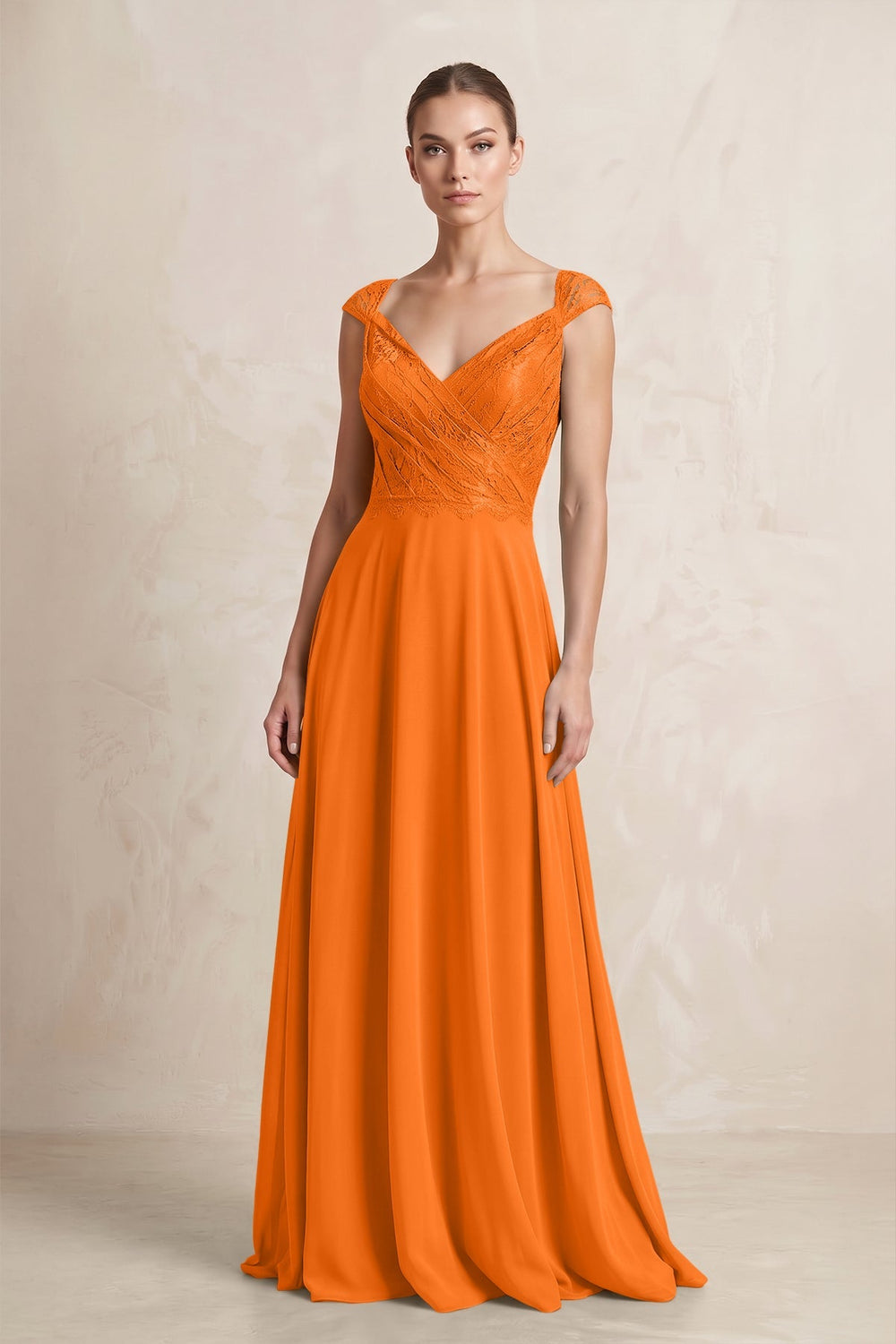 A - Line Chiffon V - Neck Pleated Bridesmaid Dress with Cap Sleeves in Cinnamon - KISS BRIDAL Bridesmaid Dresses