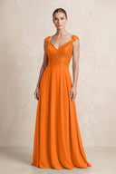 A - Line Chiffon V - Neck Pleated Bridesmaid Dress with Cap Sleeves in Cinnamon - KISS BRIDAL Bridesmaid Dresses