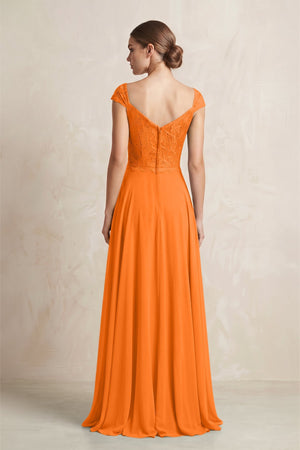 A - Line Chiffon V - Neck Pleated Bridesmaid Dress with Cap Sleeves in Cinnamon - KISS BRIDAL Bridesmaid Dresses