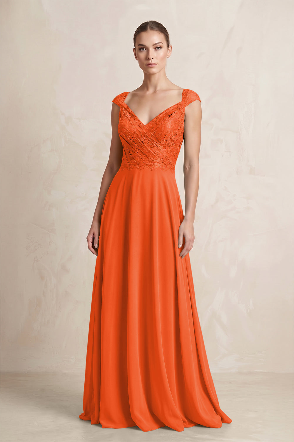 A-Line Chiffon V-Neck Pleated Bridesmaid Dress with Cap Sleeves in Cinnamon