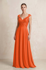 A-Line Chiffon V-Neck Pleated Bridesmaid Dress with Cap Sleeves in Cinnamon | KISSBRIDAL