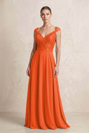 A-Line Chiffon V-Neck Pleated Bridesmaid Dress with Cap Sleeves in Cinnamon | KISSBRIDAL