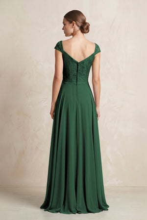 A-Line Chiffon V-Neck Pleated Bridesmaid Dress with Cap Sleeves in Dark Green (2) | KISSBRIDAL