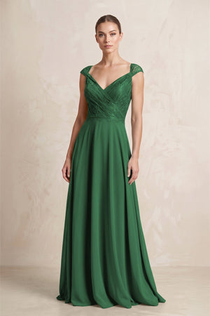 A - Line Chiffon V - Neck Pleated Bridesmaid Dress with Cap Sleeves in Dark Green - KISS BRIDAL Bridesmaid Dresses
