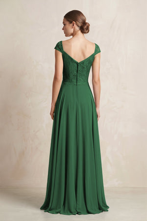 A - Line Chiffon V - Neck Pleated Bridesmaid Dress with Cap Sleeves in Dark Green - KISS BRIDAL Bridesmaid Dresses