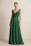 A-Line Chiffon V-Neck Pleated Bridesmaid Dress with Cap Sleeves in Dark Green | KISSBRIDAL
