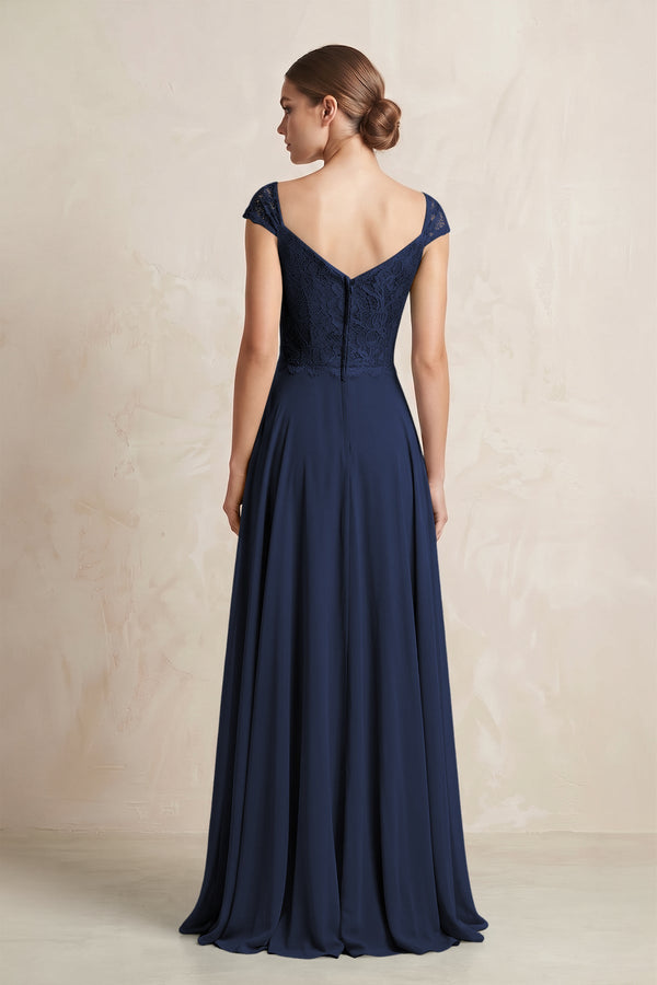 A - Line Chiffon V - Neck Pleated Bridesmaid Dress with Cap Sleeves in Dark Navy - KISS BRIDAL Bridesmaid Dresses
