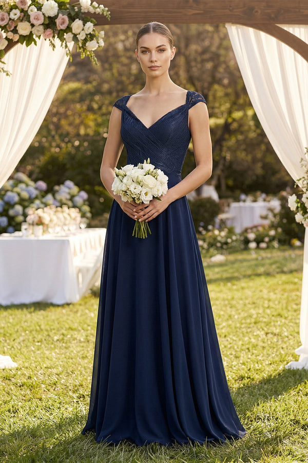 A - Line Chiffon V - Neck Pleated Bridesmaid Dress with Cap Sleeves in Dark Navy - KISS BRIDAL Bridesmaid Dresses