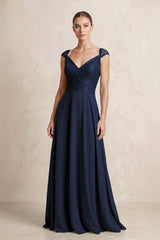 A - Line Chiffon V - Neck Pleated Bridesmaid Dress with Cap Sleeves in Dark Navy - KISS BRIDAL Bridesmaid Dresses