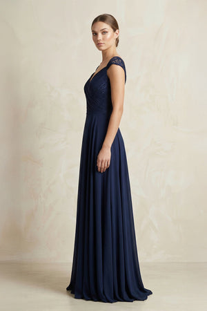 A - Line Chiffon V - Neck Pleated Bridesmaid Dress with Cap Sleeves in Dark Navy - KISS BRIDAL Bridesmaid Dresses