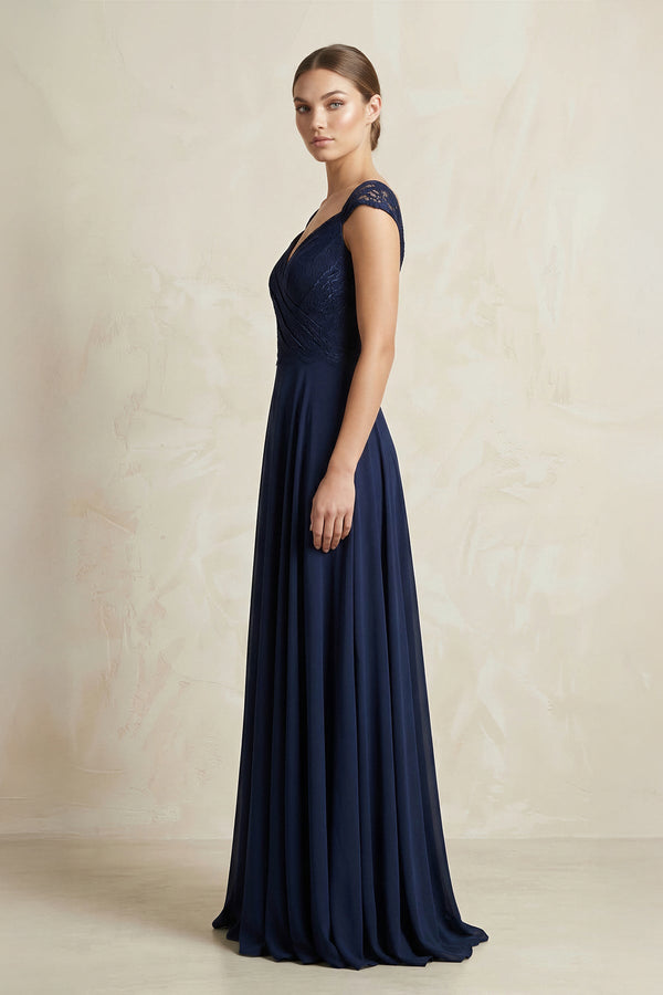 A - Line Chiffon V - Neck Pleated Bridesmaid Dress with Cap Sleeves in Dark Navy - KISS BRIDAL Bridesmaid Dresses