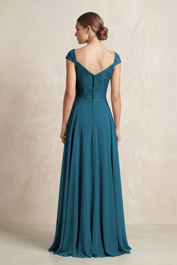 A - Line Chiffon V - Neck Pleated Bridesmaid Dress with Cap Sleeves in Dark Teal - KISS BRIDAL Bridesmaid Dresses