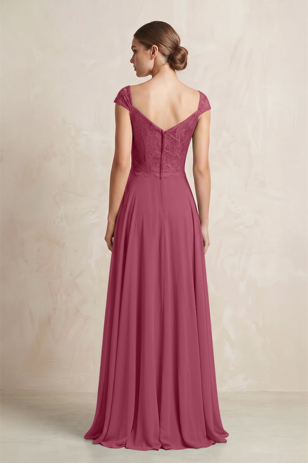 A - Line Chiffon V - Neck Pleated Bridesmaid Dress with Cap Sleeves in Desert Rose - KISS BRIDAL Bridesmaid Dresses