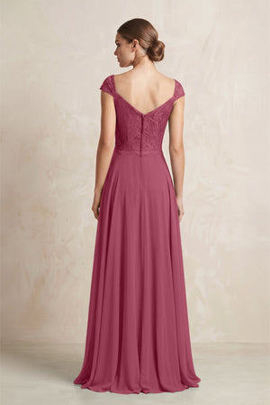 A - Line Chiffon V - Neck Pleated Bridesmaid Dress with Cap Sleeves in Desert Rose - KISS BRIDAL Bridesmaid Dresses