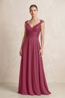 A - Line Chiffon V - Neck Pleated Bridesmaid Dress with Cap Sleeves in Desert Rose - KISS BRIDAL Bridesmaid Dresses
