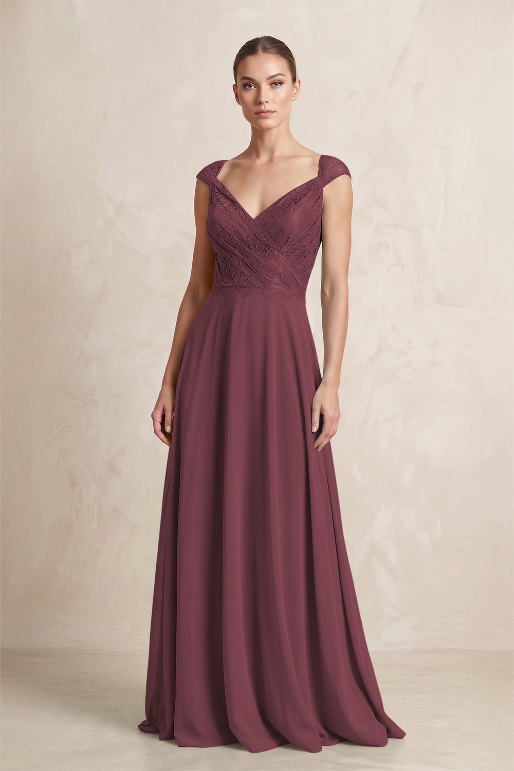 A-Line Chiffon V-Neck Pleated Bridesmaid Dress with Cap Sleeves in Desert Rose