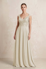 A - Line Chiffon V - Neck Pleated Bridesmaid Dress with Cap Sleeves in Dove Gray - KISS BRIDAL Bridesmaid Dresses
