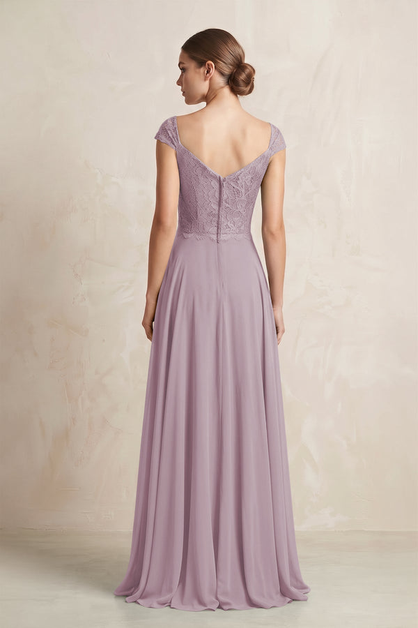 A - Line Chiffon V - Neck Pleated Bridesmaid Dress with Cap Sleeves in Dusk - KISS BRIDAL Bridesmaid Dresses