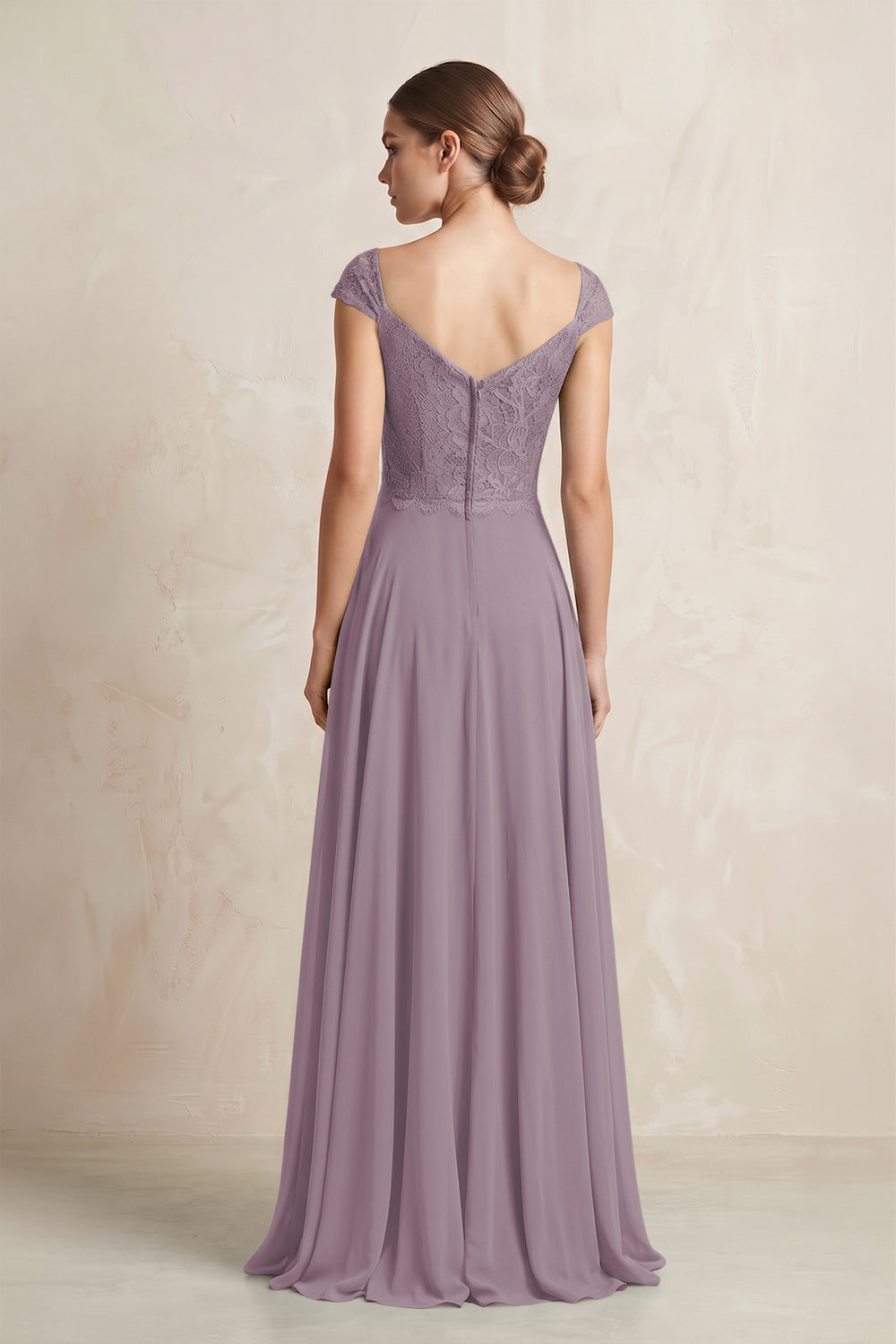A-Line Chiffon V-Neck Pleated Bridesmaid Dress with Cap Sleeves in Dusk