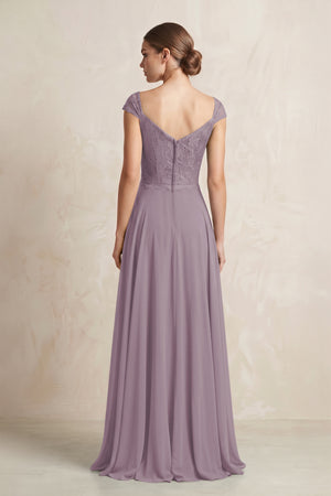 A-Line Chiffon V-Neck Pleated Bridesmaid Dress with Cap Sleeves in Dusk (2) | KISSBRIDAL