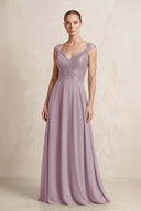 A - Line Chiffon V - Neck Pleated Bridesmaid Dress with Cap Sleeves in Dusk - KISS BRIDAL Bridesmaid Dresses