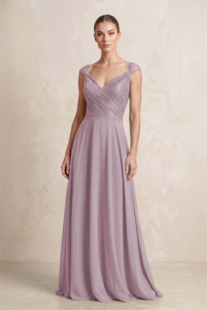 A - Line Chiffon V - Neck Pleated Bridesmaid Dress with Cap Sleeves in Dusk - KISS BRIDAL Bridesmaid Dresses