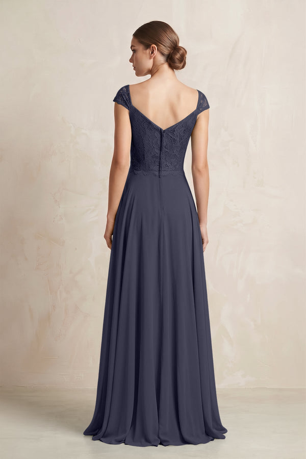 A - Line Chiffon V - Neck Pleated Bridesmaid Dress with Cap Sleeves in Dusk Blue - KISS BRIDAL Bridesmaid Dresses