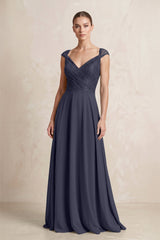 A - Line Chiffon V - Neck Pleated Bridesmaid Dress with Cap Sleeves in Dusk Blue - KISS BRIDAL Bridesmaid Dresses