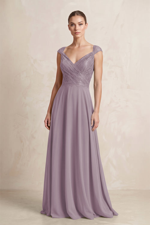 A-Line Chiffon V-Neck Pleated Bridesmaid Dress with Cap Sleeves in Dusk | KISSBRIDAL