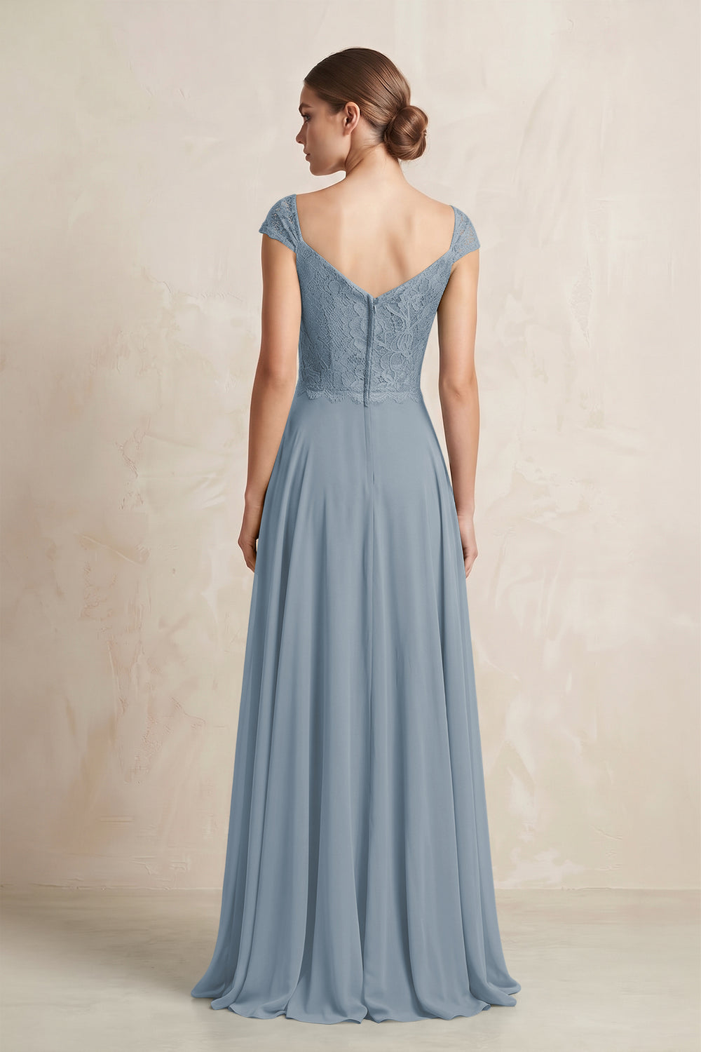 A-Line Chiffon V-Neck Pleated Bridesmaid Dress with Cap Sleeves in Dusty Blue