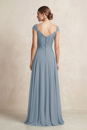 A-Line Chiffon V-Neck Pleated Bridesmaid Dress with Cap Sleeves in Dusty Blue (2) | KISSBRIDAL