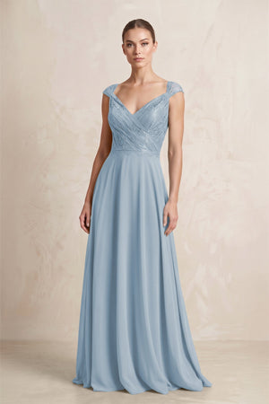 A - Line Chiffon V - Neck Pleated Bridesmaid Dress with Cap Sleeves in Dusty Blue - KISS BRIDAL Bridesmaid Dresses