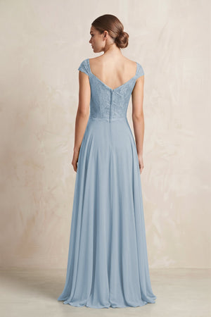 A - Line Chiffon V - Neck Pleated Bridesmaid Dress with Cap Sleeves in Dusty Blue - KISS BRIDAL Bridesmaid Dresses