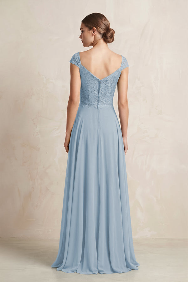 A - Line Chiffon V - Neck Pleated Bridesmaid Dress with Cap Sleeves in Dusty Blue - KISS BRIDAL Bridesmaid Dresses