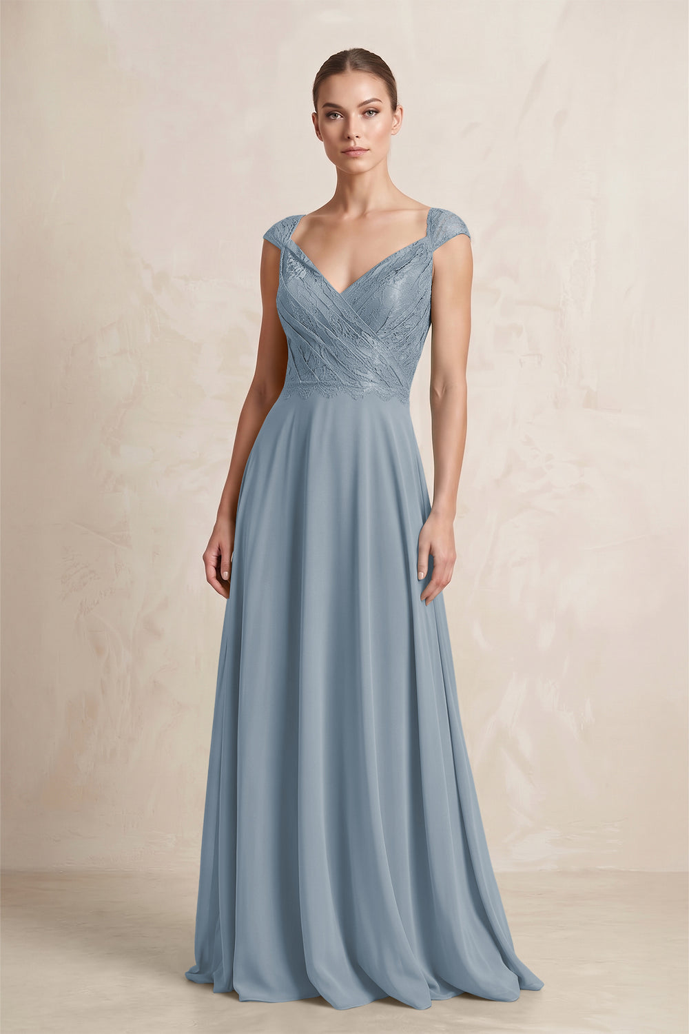 A-Line Chiffon V-Neck Pleated Bridesmaid Dress with Cap Sleeves in Dusty Blue