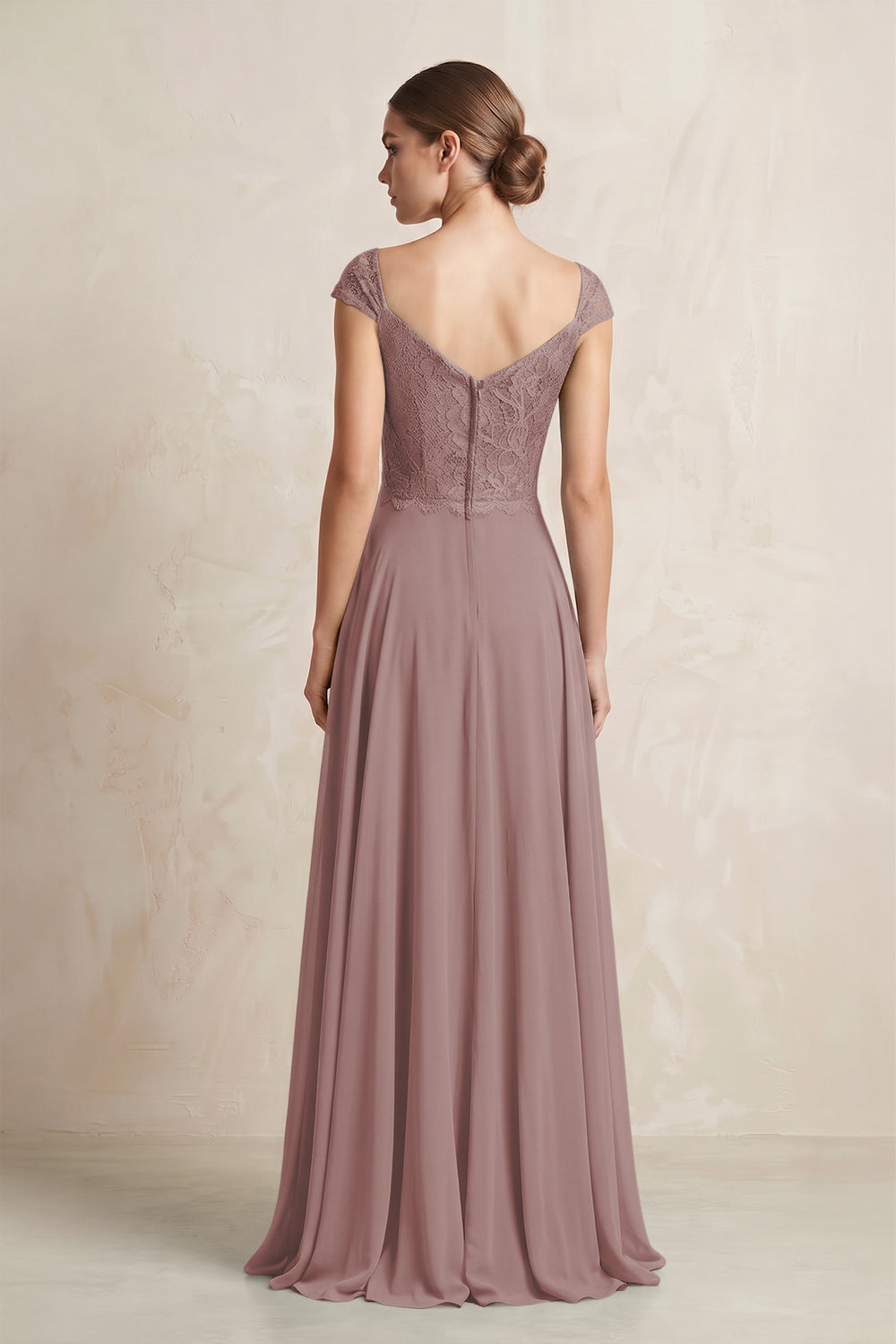 A-Line Chiffon V-Neck Pleated Bridesmaid Dress with Cap Sleeves in Dusty Rose