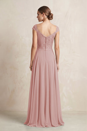A - Line Chiffon V - Neck Pleated Bridesmaid Dress with Cap Sleeves in Dusty Rose - KISS BRIDAL Bridesmaid Dresses